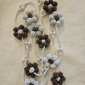 Handmade 3D Beaded Floral Lariat Necklace White & Bronze Seed Bead Flower Rope